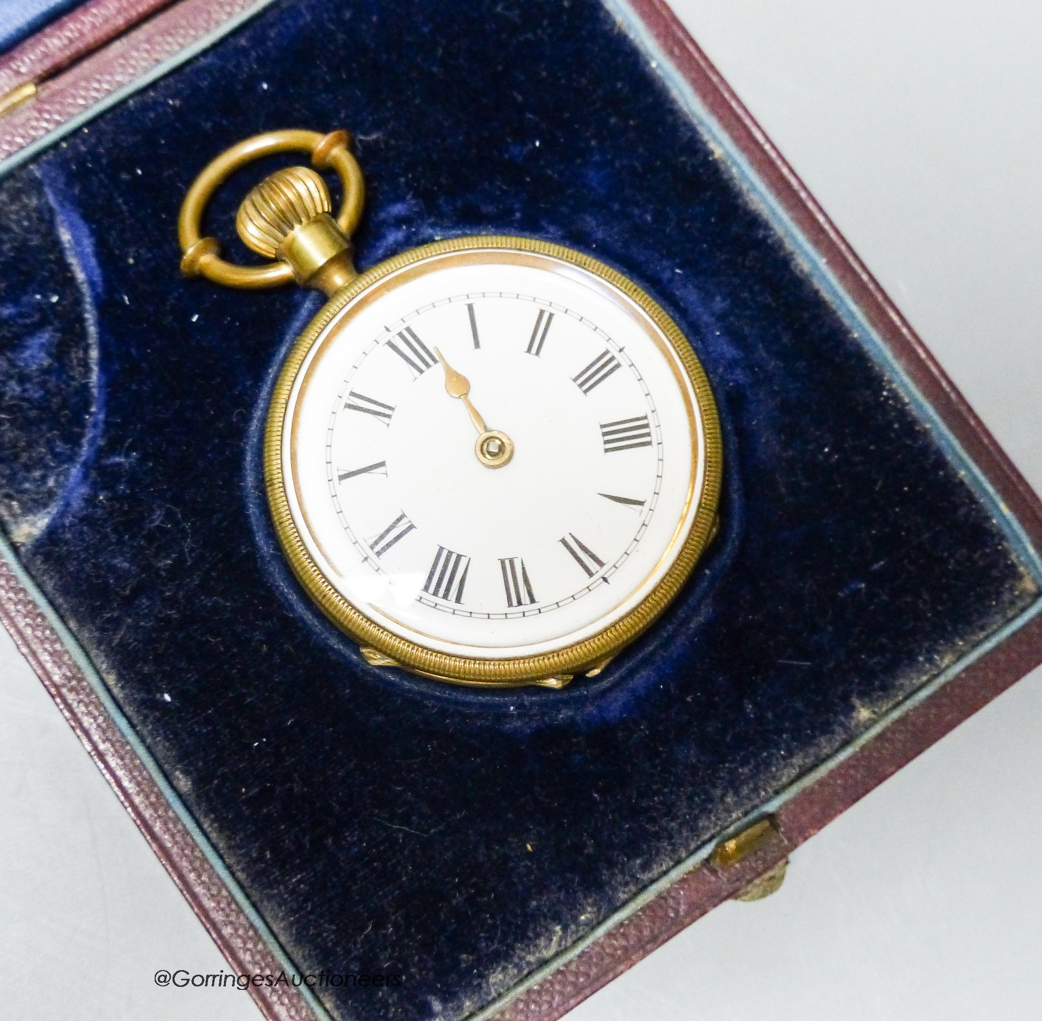 A Victorian keyless pocket watch in case